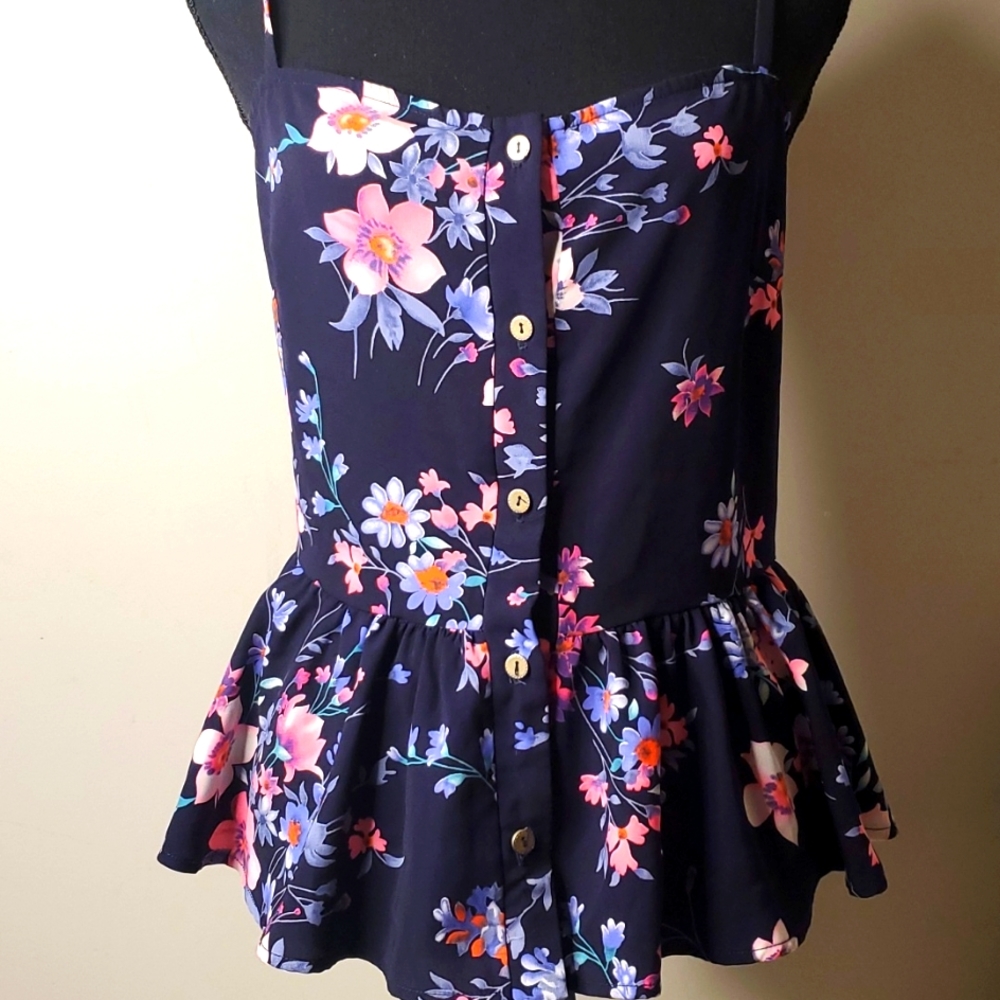 VTG blue satin Floral  peplum fairy Ren Faire corset button top